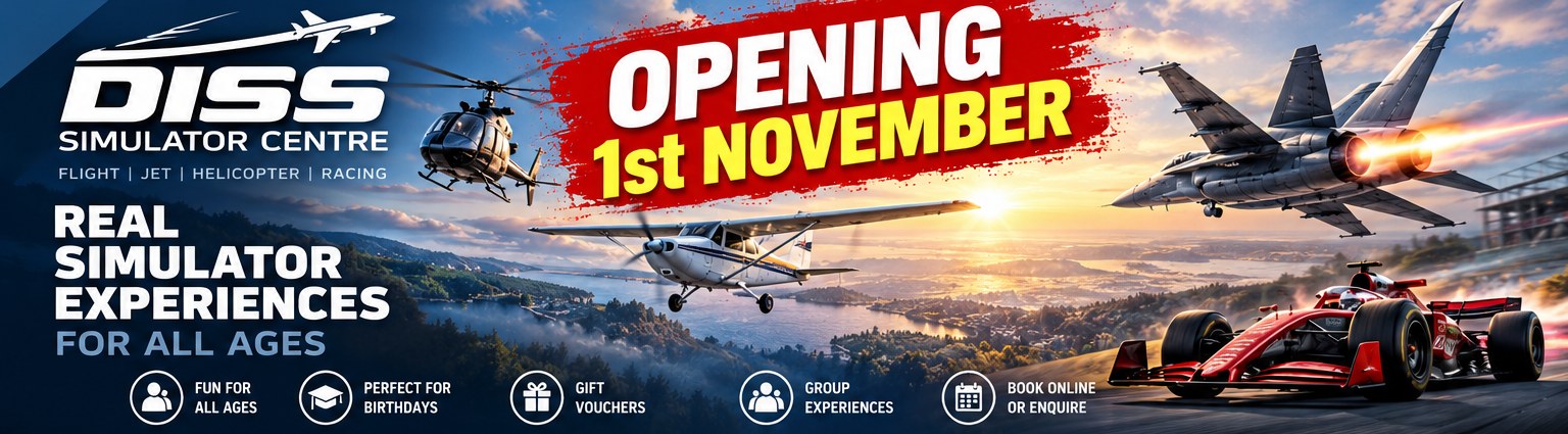 Diss Simulator Centre – Opening 1st November. Flight, jet, helicopter and motor racing experiences.