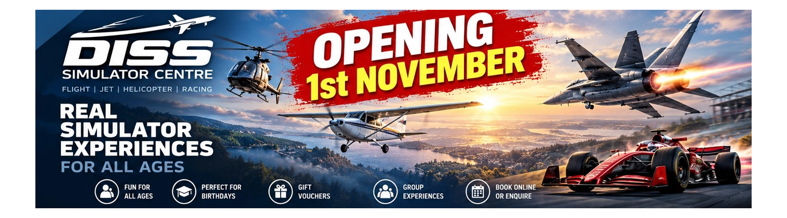 Diss Simulator Centre – Opening 1st November. Flight, jet, helicopter and motor racing experiences.